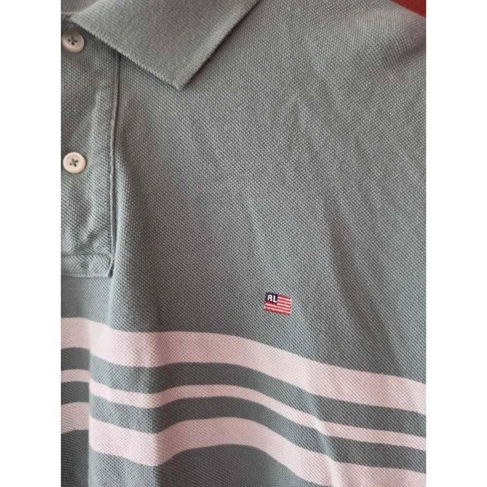 Ralph Lauren Polo Jeans Co Mens M Green Striped Polo Shirt 100% Cotton Flag Logo